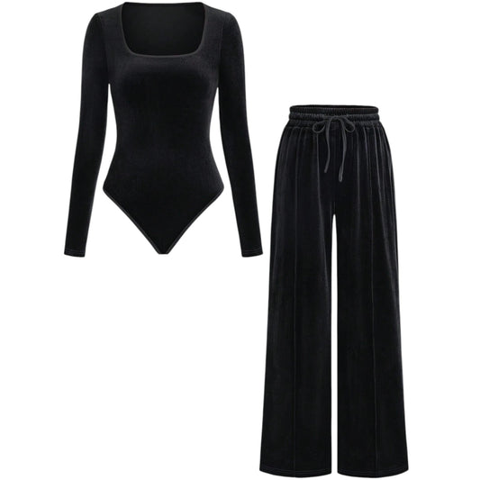 SHE fekete bársony body és nadrág szett