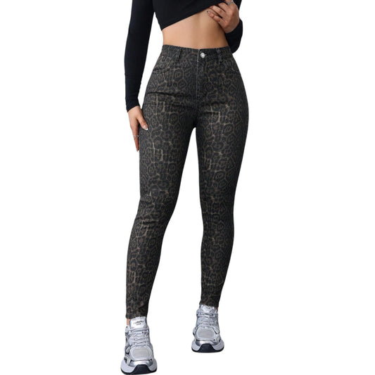 SHE leopárdmintás slim fit farmer nadrág