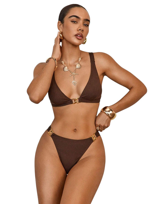SHE barna bordázott bikini szett