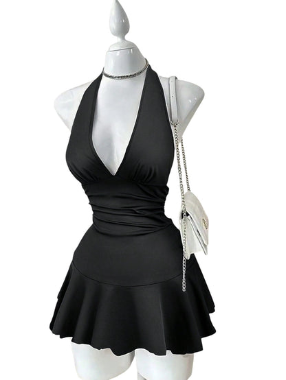 SHE fekete halter nyakú playsuit szoknyával