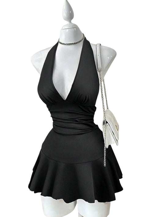 SHE fekete halter nyakú playsuit szoknyával