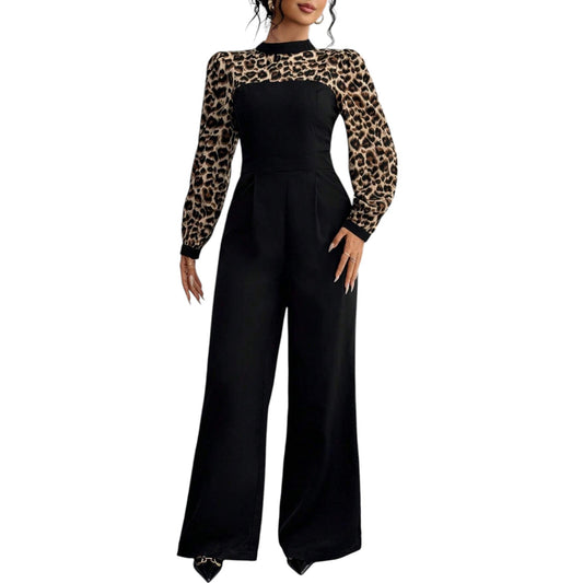 SHE fekete leopárdmintás hosszú ujjú jumpsuit