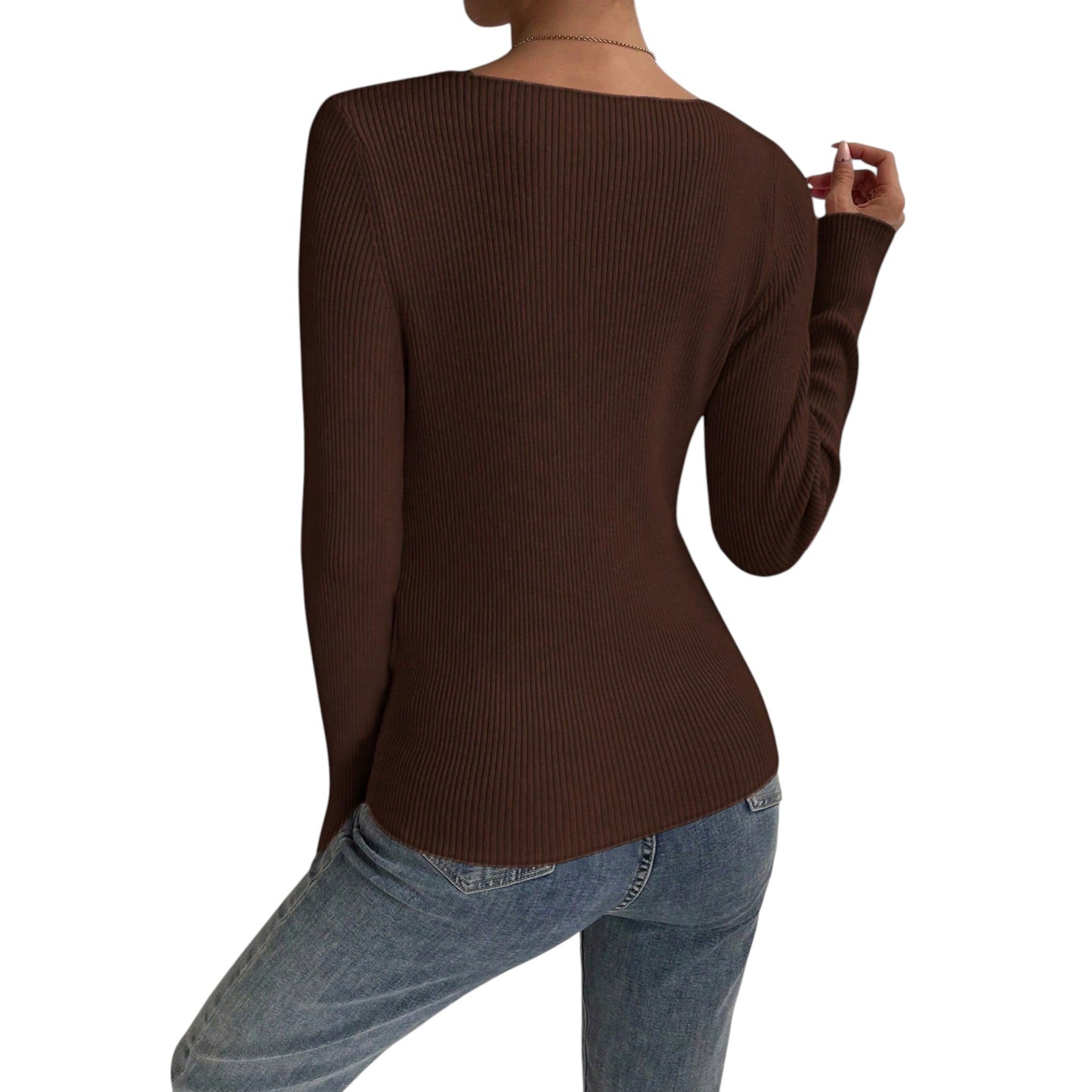 SHE barna V-nyakú bordás pulóver