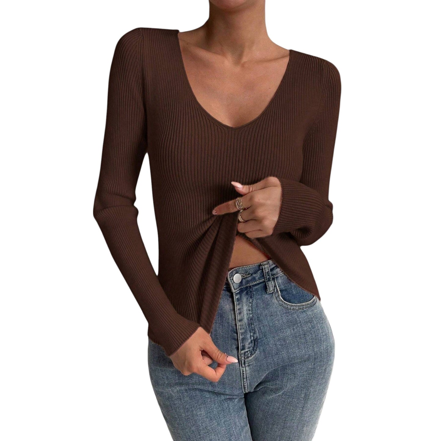 SHE barna V-nyakú bordás pulóver