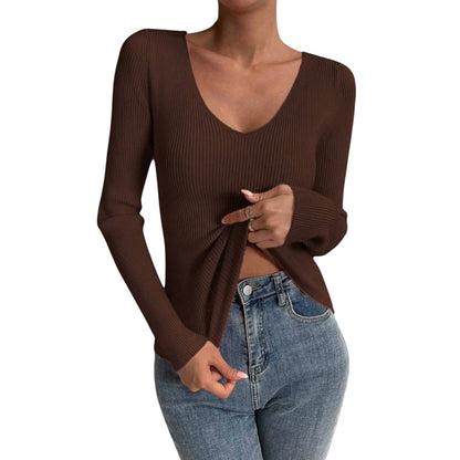 SHE barna V-nyakú bordás pulóver