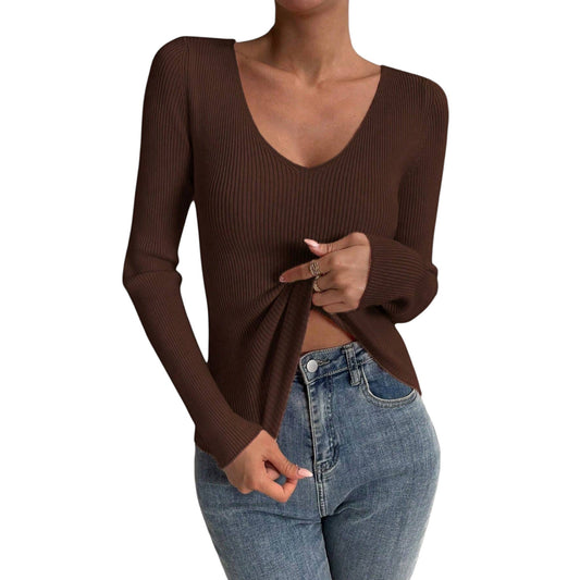 SHE barna V-nyakú bordás pulóver