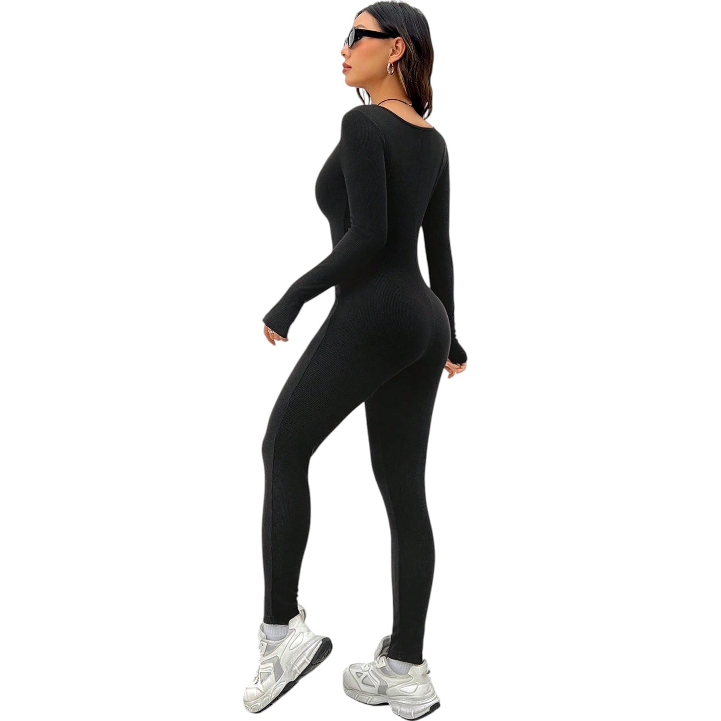 SHE fekete bordázott hosszú ujjú jumpsuit