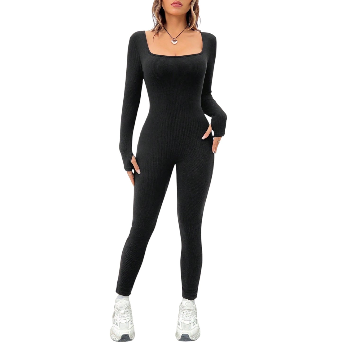 SHE fekete bordázott hosszú ujjú jumpsuit