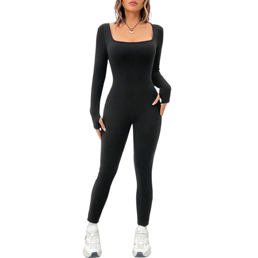 SHE fekete bordázott hosszú ujjú jumpsuit