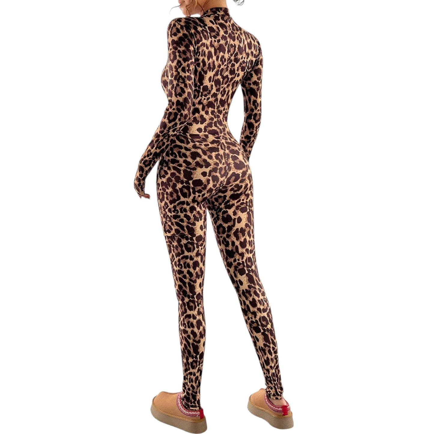 SHE barna leopárdmintás hosszú ujjú jumpsuit