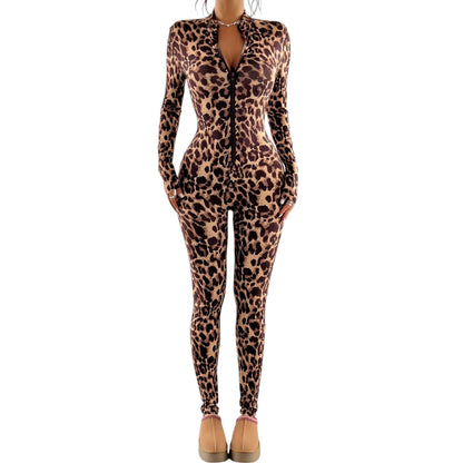 SHE barna leopárdmintás hosszú ujjú jumpsuit