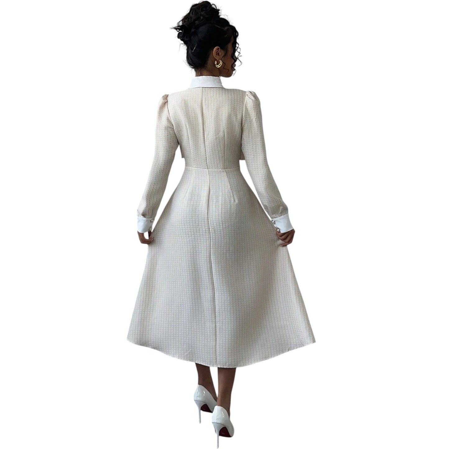 SHE bézs tweed midi ruha