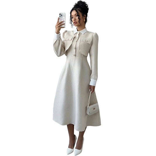 SHE bézs tweed midi ruha