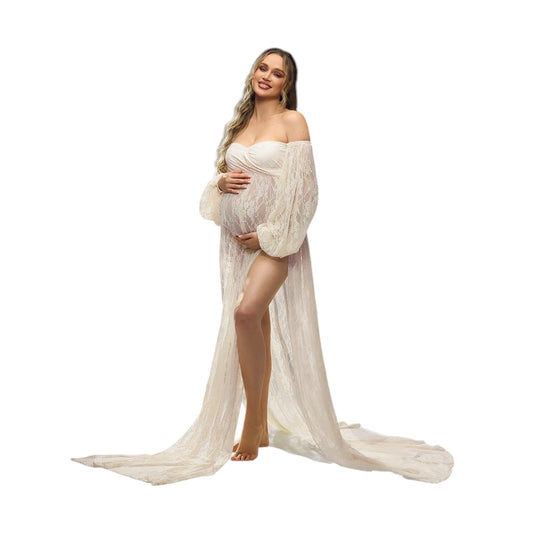 SHE vajszínű csipkés maxi ruha