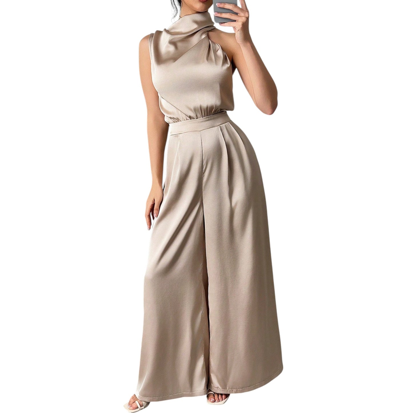 SHE bézs magas nyakú jumpsuit