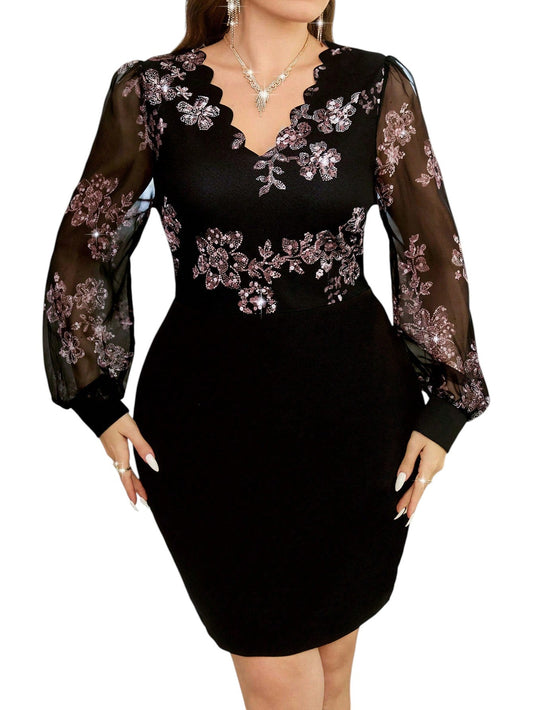 SHE fekete virágmintás bodycon ruha