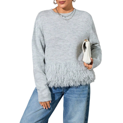 SHE szürke bojtokkal díszített kötött pulóver