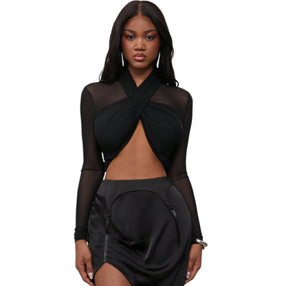 SHE fekete átlapolt hosszú ujjú crop top