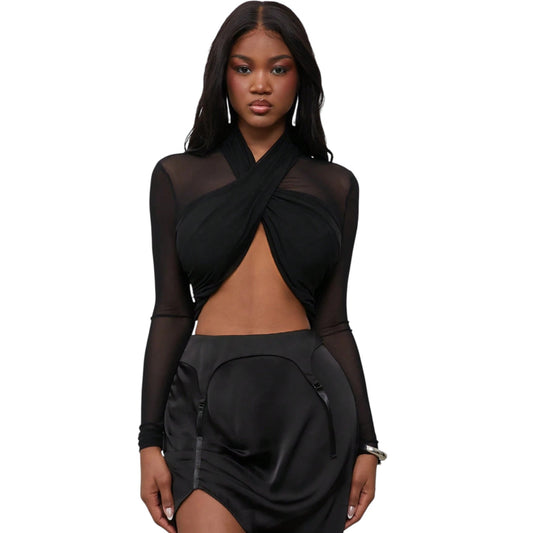 SHE fekete átlapolt hosszú ujjú crop top