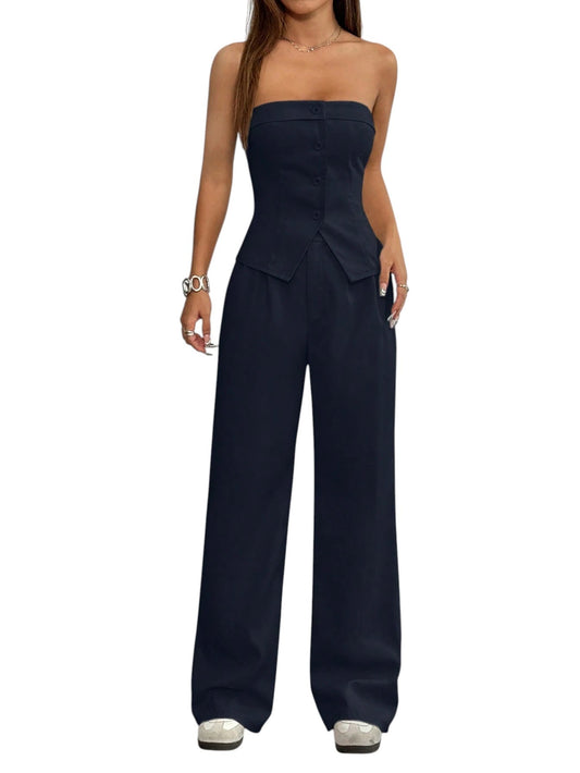 SHE sötétkék pánt nélküli jumpsuit