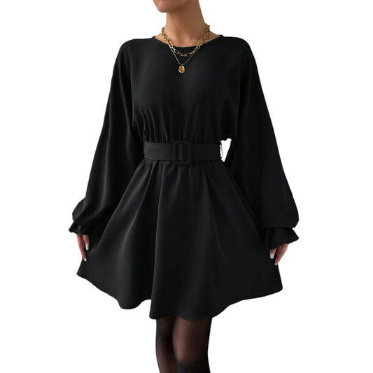 SHE fekete hosszú ujjú mini ruha övvel