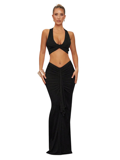 SHE fekete halter nyakú kétrészes maxi szett