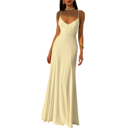 SHE ekrü spagetti pántos maxi ruha