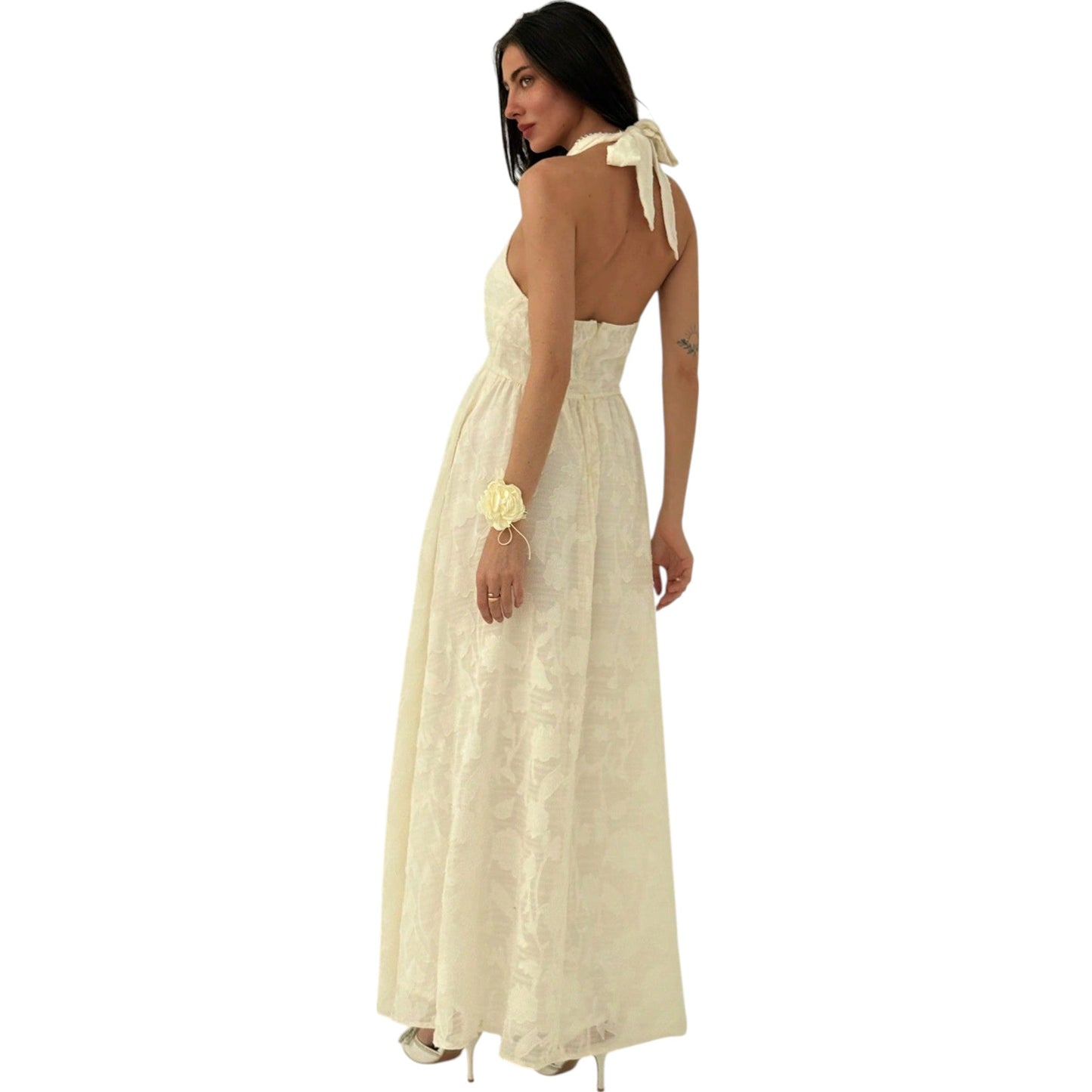 SHE törtfehér mintás halter nyakú maxi ruha