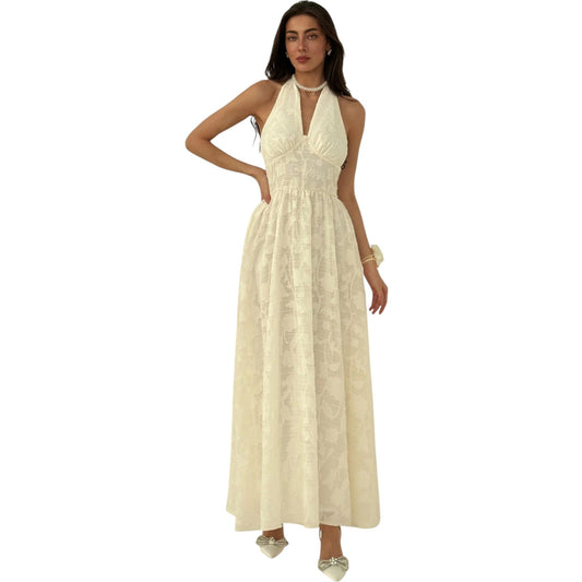 SHE törtfehér mintás halter nyakú maxi ruha
