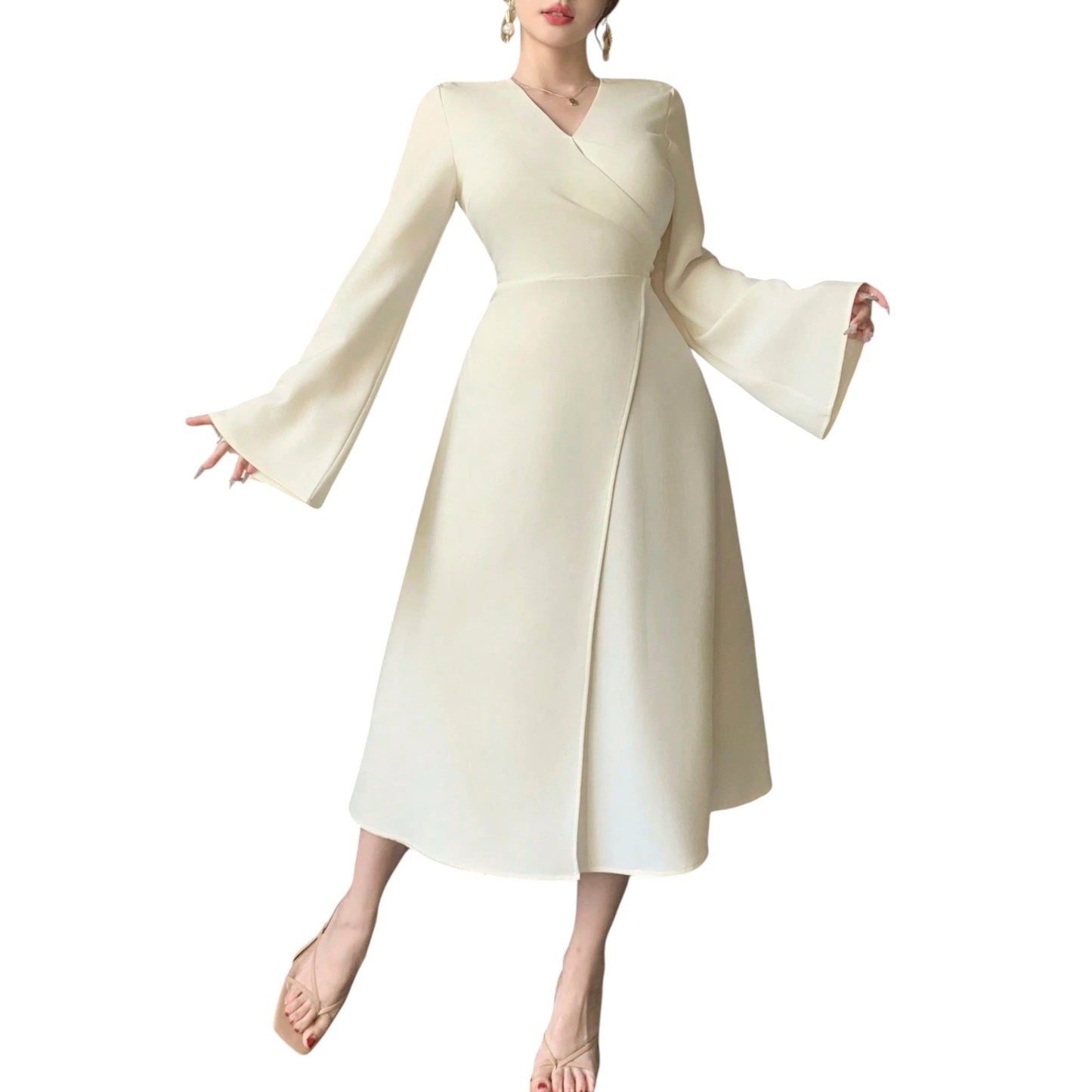 SHE krémszínű hosszú ujjú midi ruha