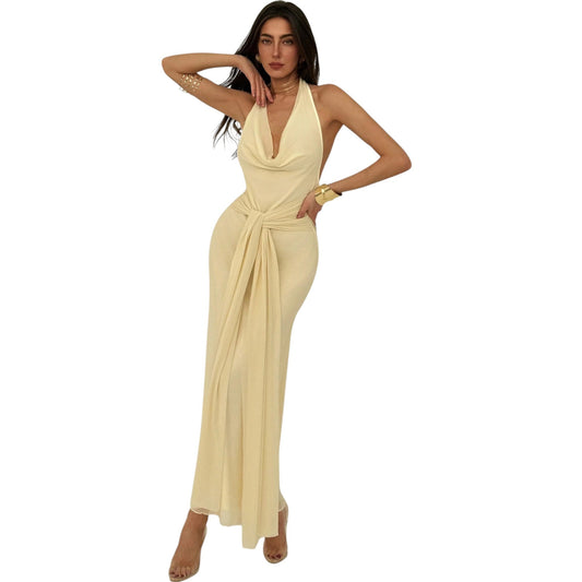 SHE bézs halter nyakú maxi ruha