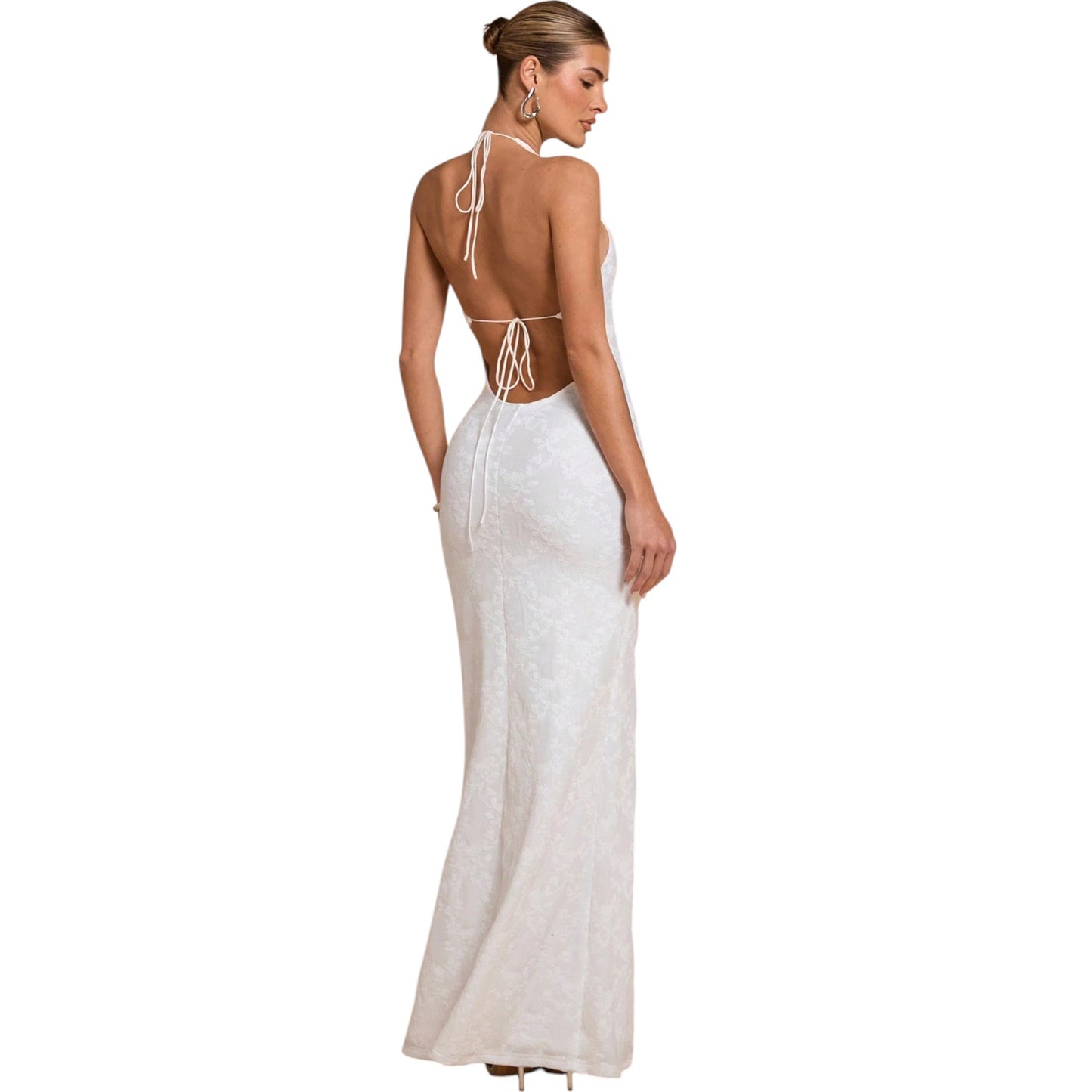 SHE fehér mintás halter nyakú maxi ruha