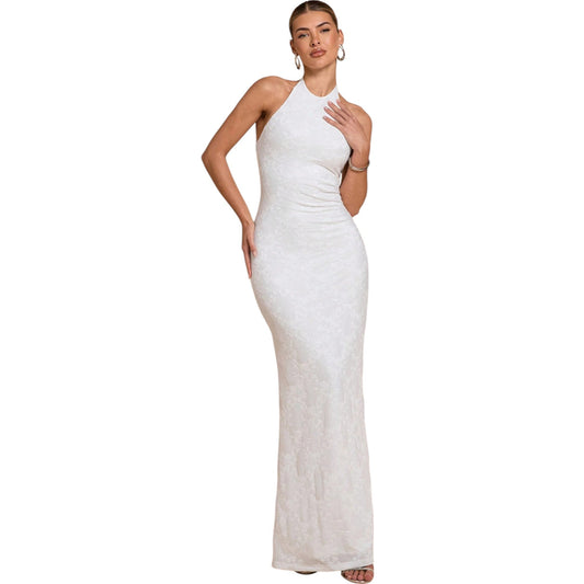 SHE fehér mintás halter nyakú maxi ruha