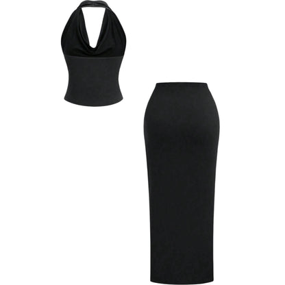 SHE fekete redőzött kétrészes szett