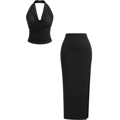 SHE fekete redőzött kétrészes szett