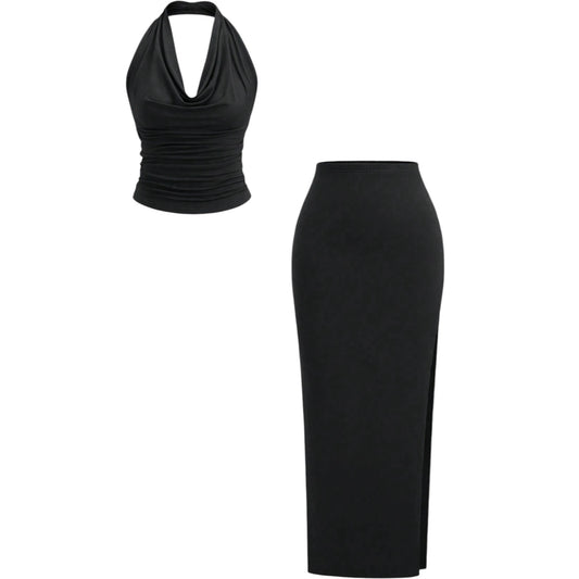 SHE fekete redőzött kétrészes szett