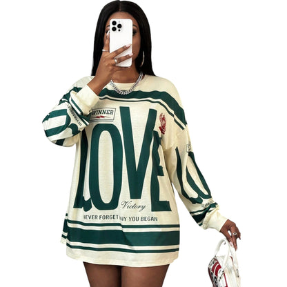 SHE krém-zöld mintás hosszú ujjú pólóruha