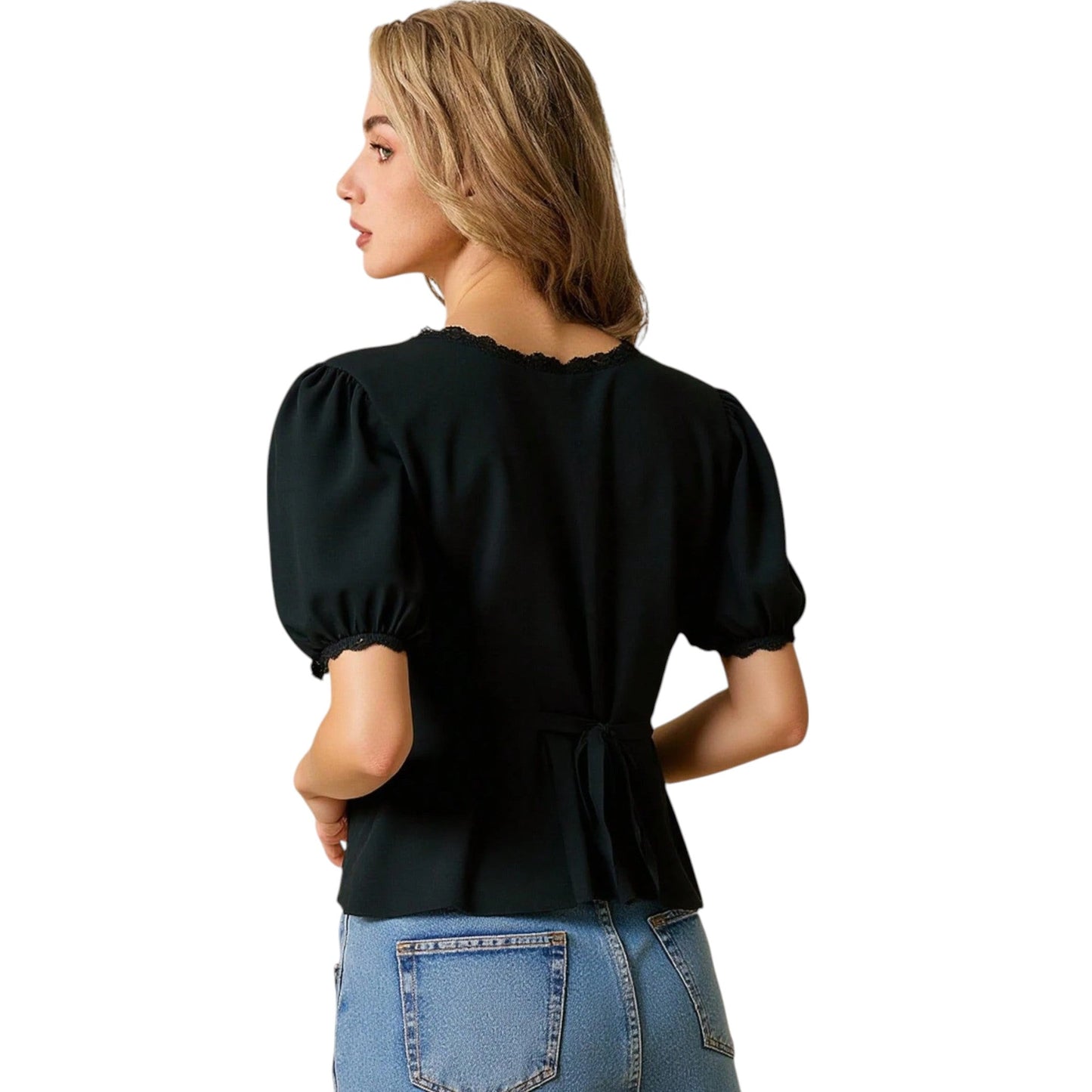 SHE fekete V-nyakú peplum blúz