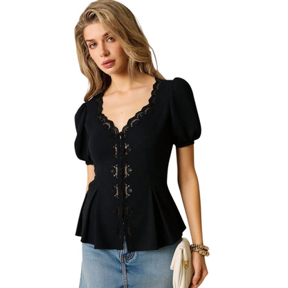 SHE fekete V-nyakú peplum blúz