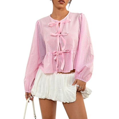 SHE rózsaszín kockás masnis blúz