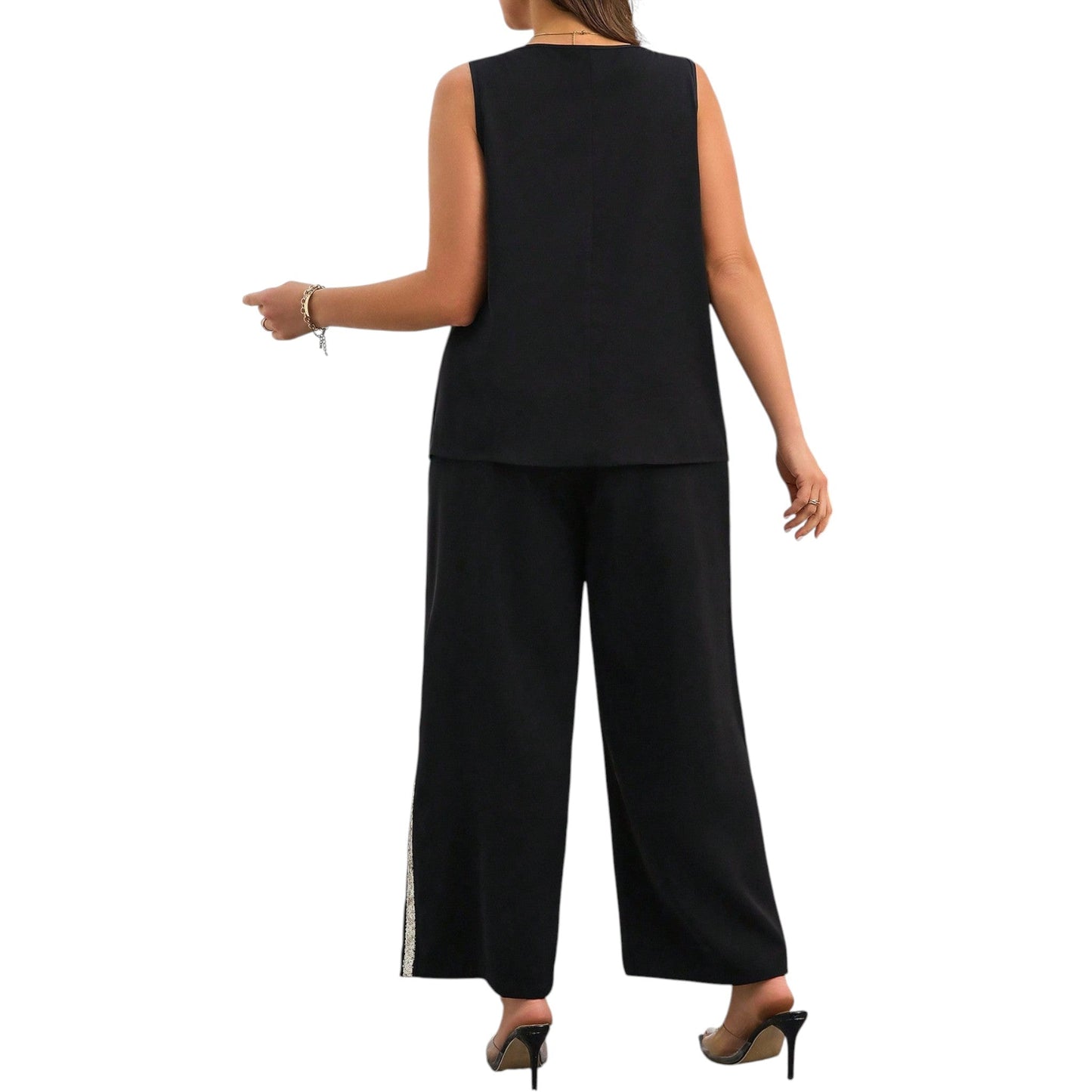 SHE fekete csillogó crop top és nadrág szett