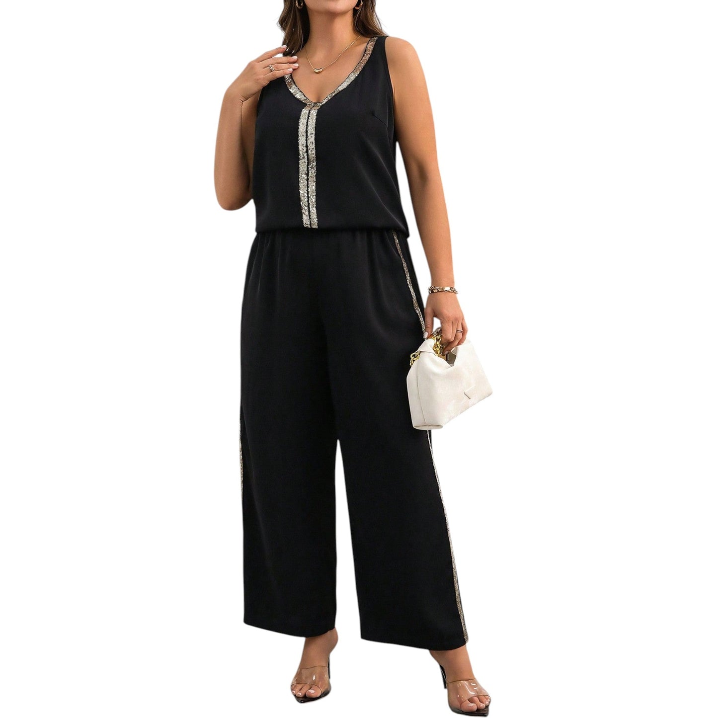 SHE fekete csillogó crop top és nadrág szett