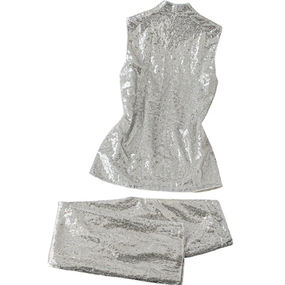 SHE ezüst flitteres mellény szett