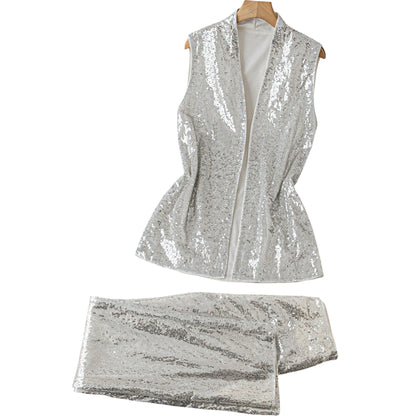 SHE ezüst flitteres mellény szett