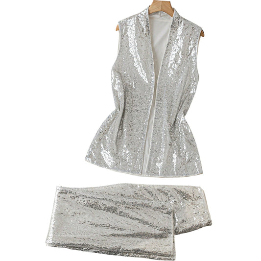 SHE ezüst flitteres mellény szett
