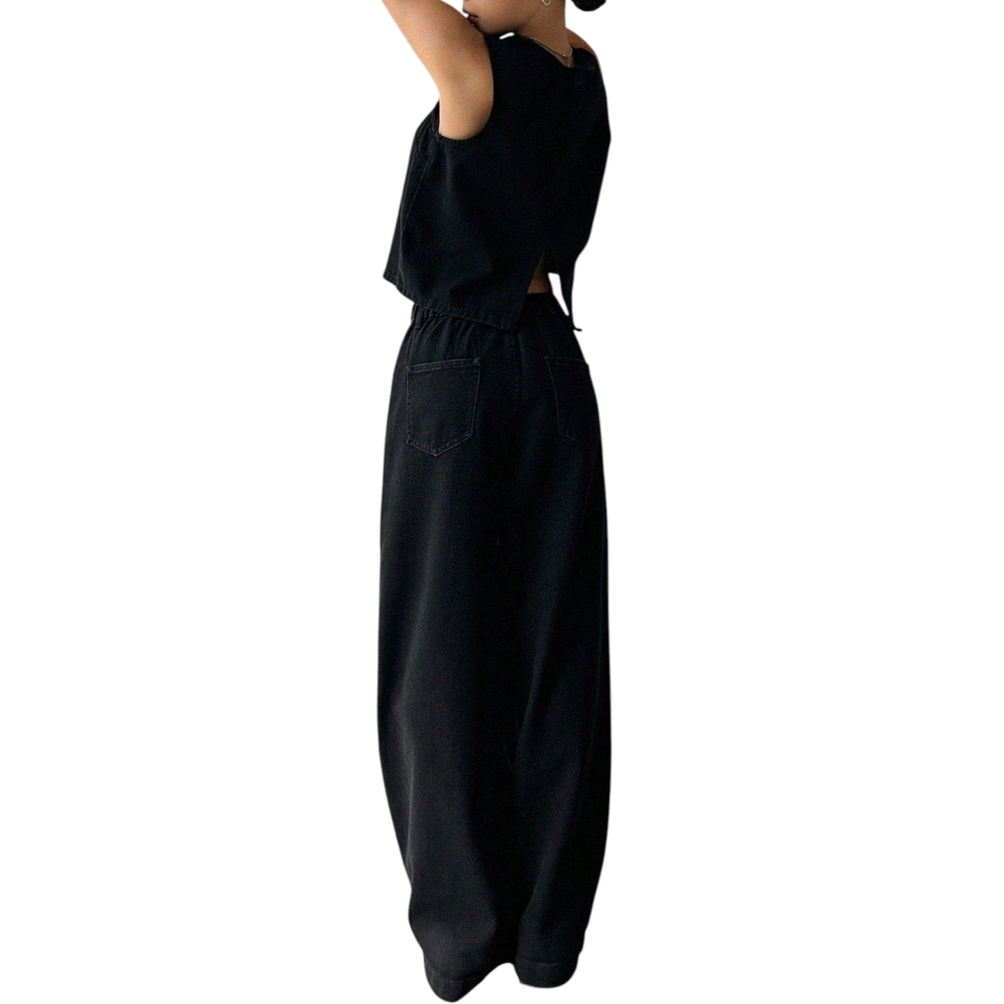 SHE fekete ujjatlan crop top & nadrág szett