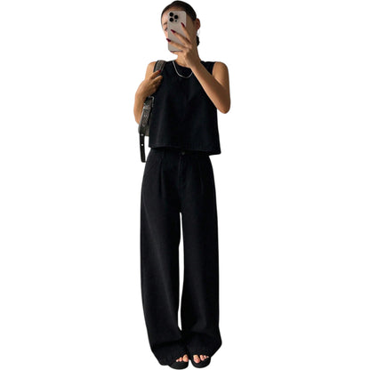 SHE fekete ujjatlan crop top & nadrág szett