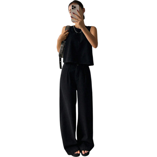 SHE fekete ujjatlan crop top & nadrág szett