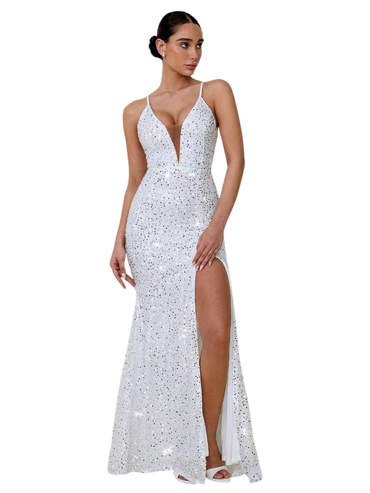 SHE fehér flitteres hosszú estélyi ruha