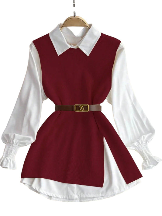 SHE bordó kötött mellény és fehér blúz szett